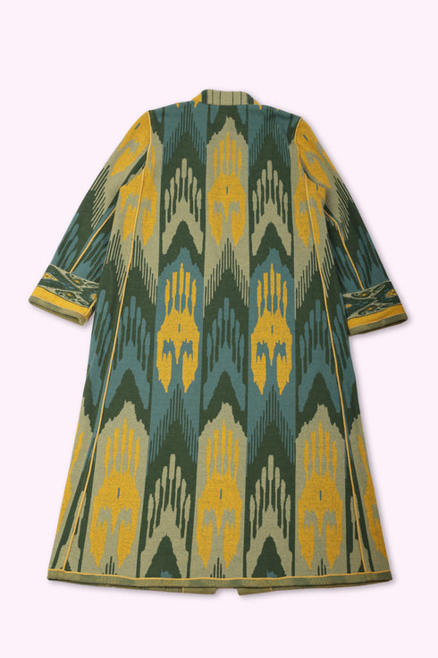 Reversible long coat in cotton blend patterned jacquard