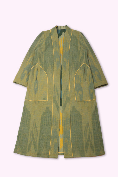 Reversible long coat in cotton blend patterned jacquard