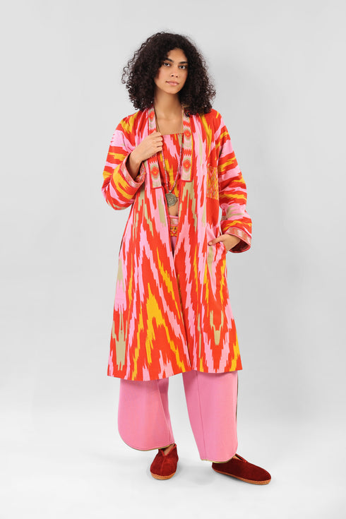 Reversible coat in printed cotton gabardine with pockets