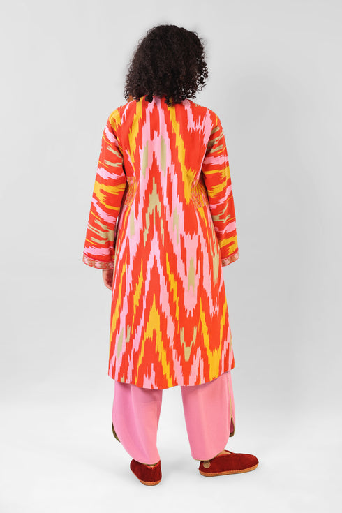 Reversible coat in printed cotton gabardine with pockets