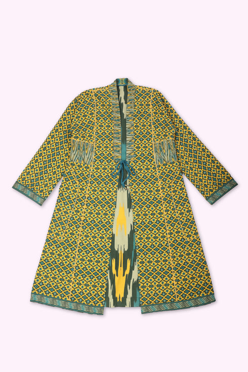 Reversible coat in printed cotton gabardine with pockets
