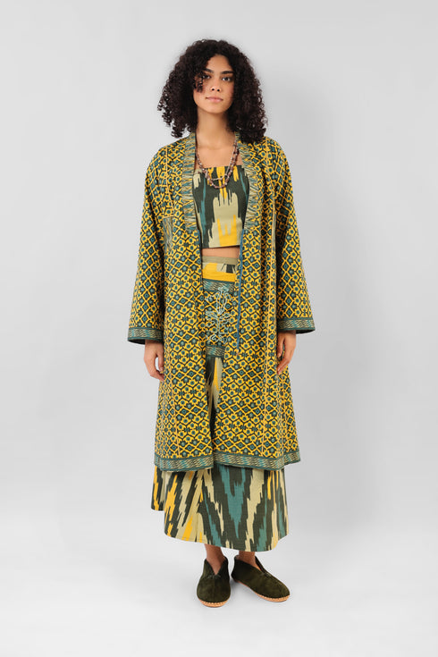 Reversible coat in printed cotton gabardine with pockets