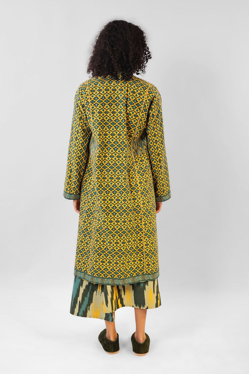 Reversible coat in printed cotton gabardine with pockets
