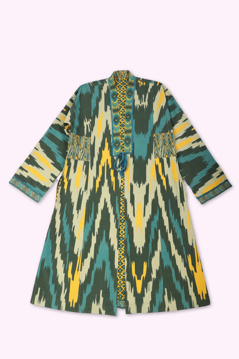 Reversible coat in printed cotton gabardine with pockets