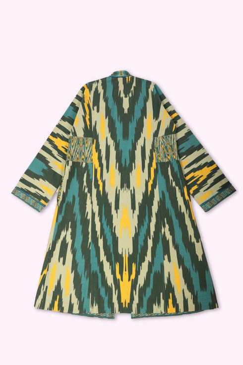 Reversible coat in printed cotton gabardine with pockets