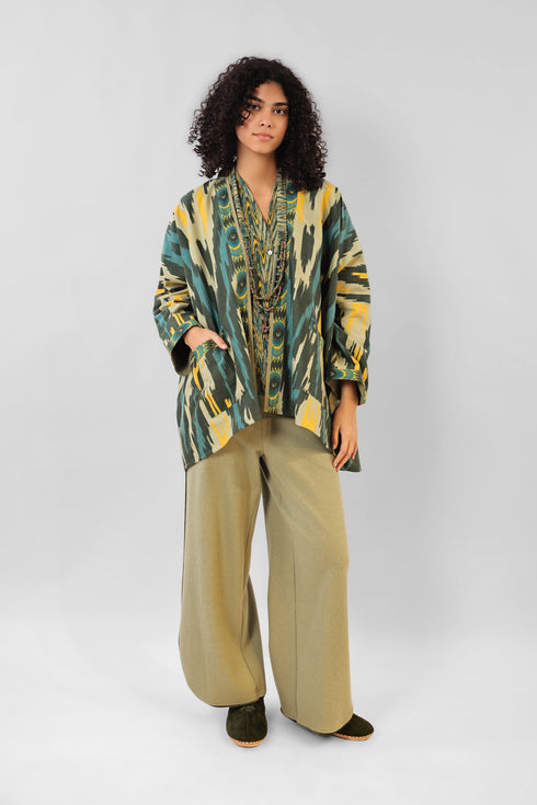 Oversized jacket in printed cotton gabardine with patch pockets