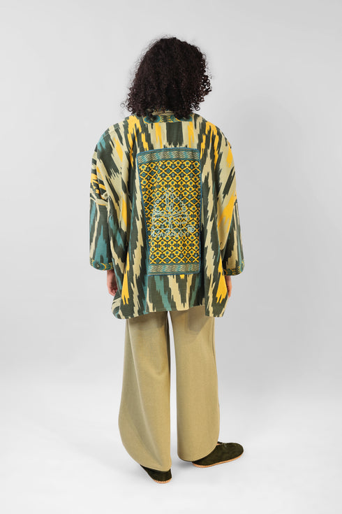 Oversized jacket in printed cotton gabardine with patch pockets