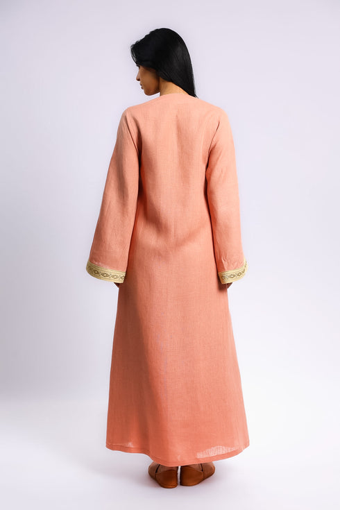 Embroidered long caftan coat in linen with side ties