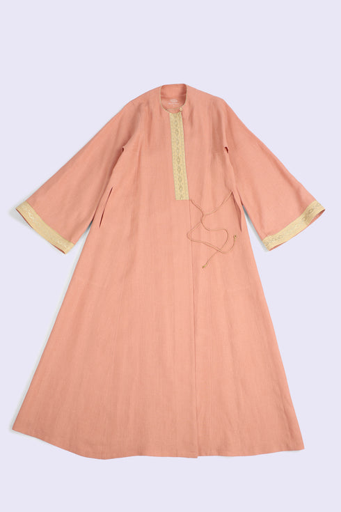 Embroidered long caftan coat in linen with side ties