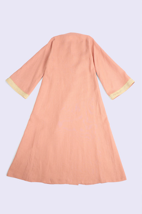Embroidered long caftan coat in linen with side ties