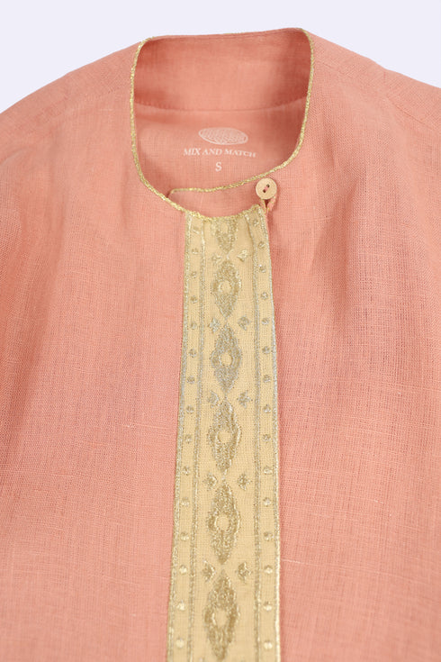Embroidered long caftan coat in linen with side ties