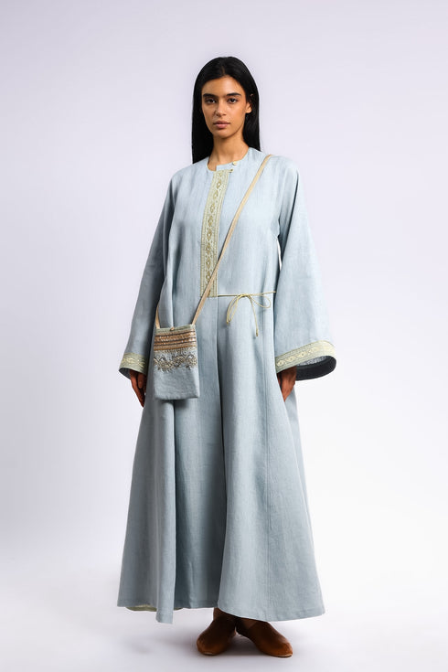 Embroidered long caftan coat in linen with side ties