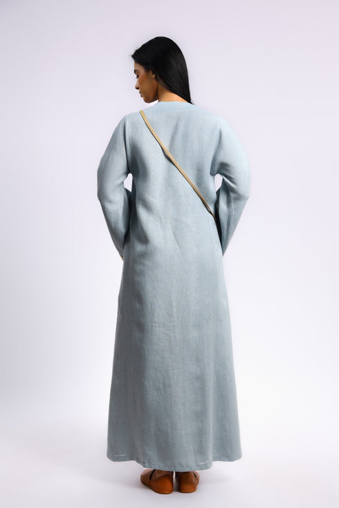 Embroidered long caftan coat in linen with side ties