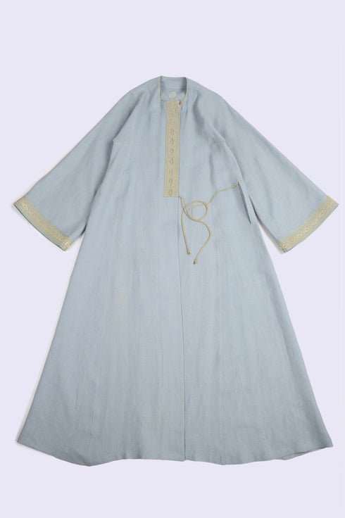 Embroidered long caftan coat in linen with side ties