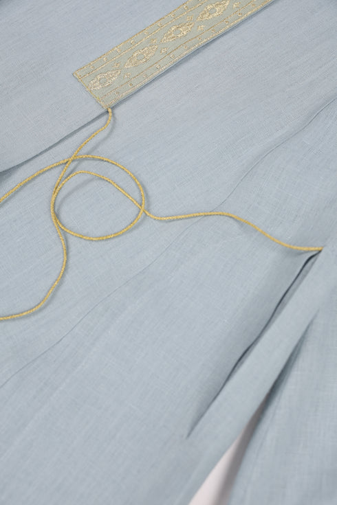 Embroidered long caftan coat in linen with side ties