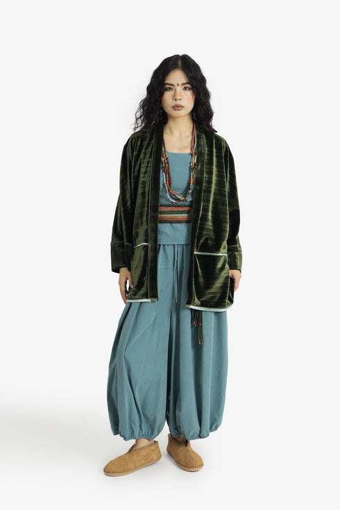 Reversible velvet jacket with contrast pleated details