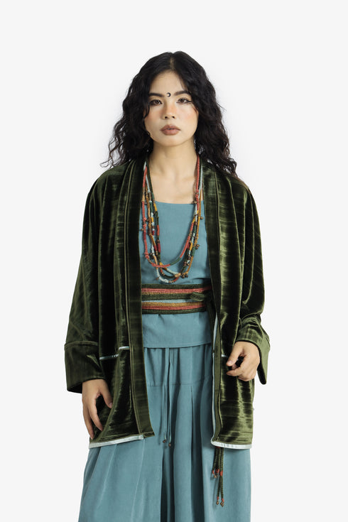 Reversible velvet jacket with contrast pleated details