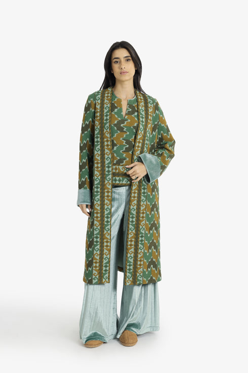 Quilted Ikat print coat with velvet cuffs