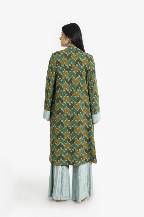Quilted Ikat print coat with velvet cuffs