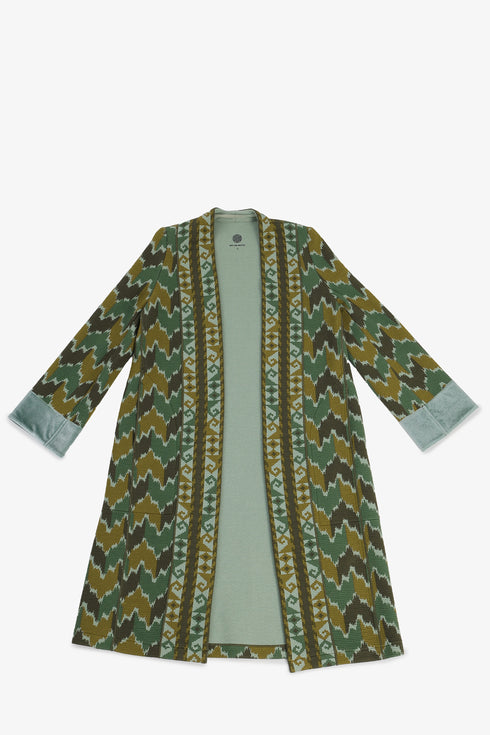 Quilted Ikat print coat with velvet cuffs