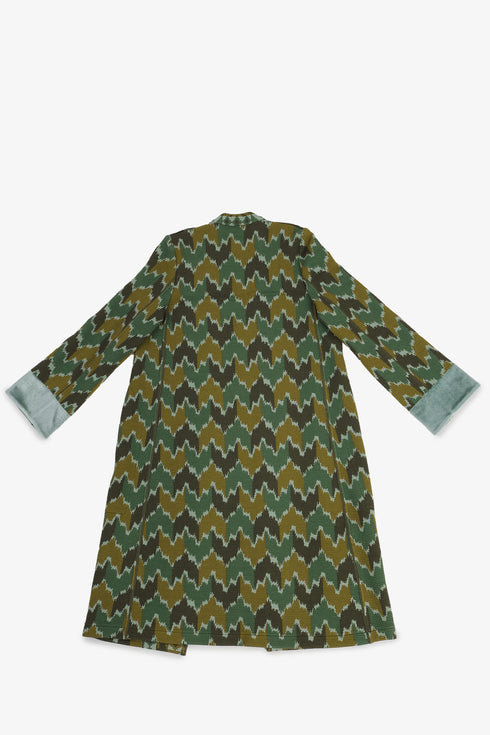 Quilted Ikat print coat with velvet cuffs