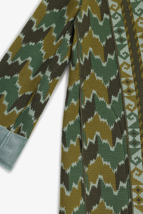 Quilted Ikat print coat with velvet cuffs