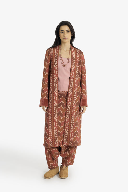 Quilted Ikat print coat with velvet cuffs