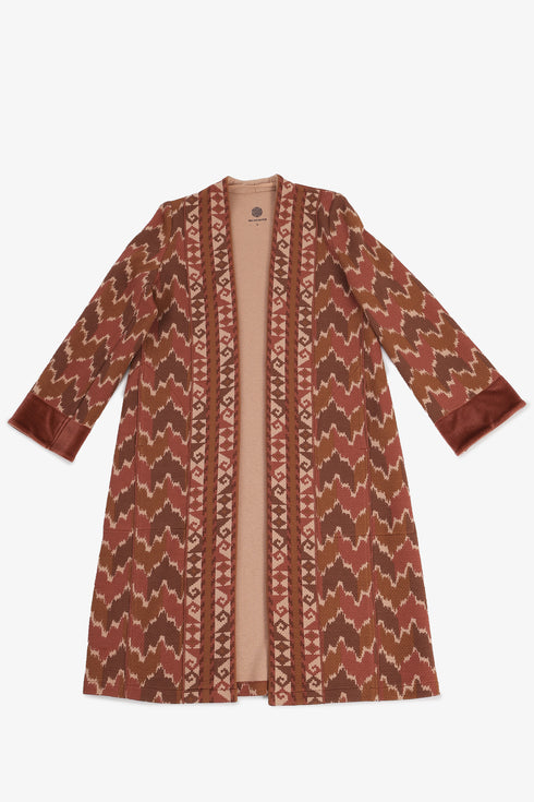 Quilted Ikat print coat with velvet cuffs