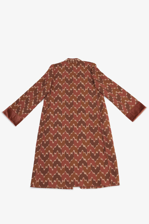 Quilted Ikat print coat with velvet cuffs