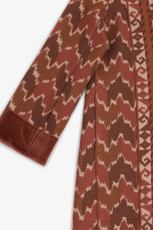 Quilted Ikat print coat with velvet cuffs