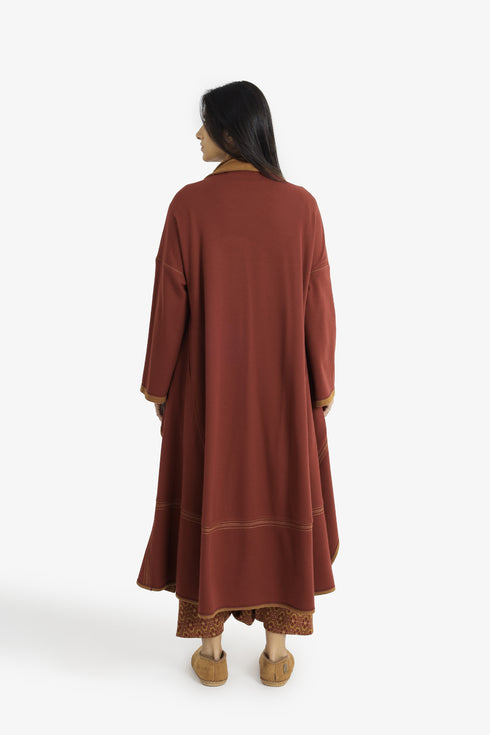 Draped collar coat with contrast stitching
