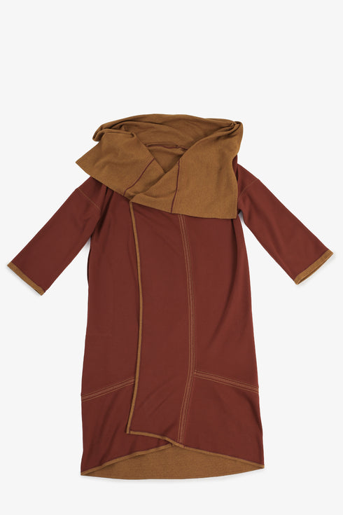 Draped collar coat with contrast stitching