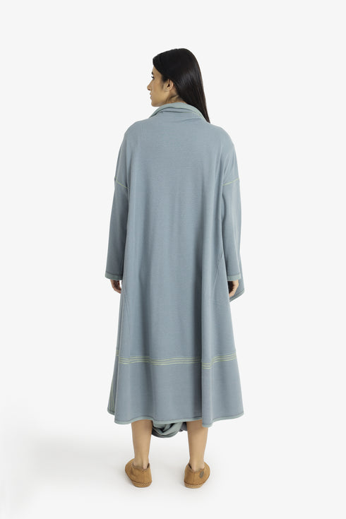 Draped collar coat with contrast stitching