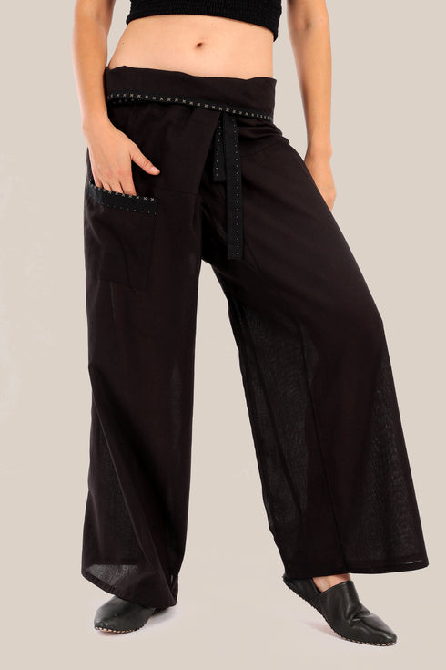 Wide wrap pants with waist fold.