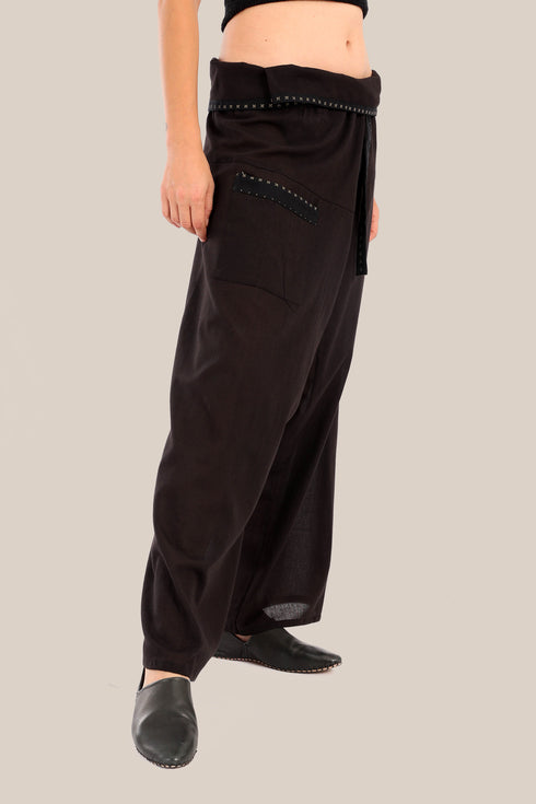 Wide wrap pants with waist fold.
