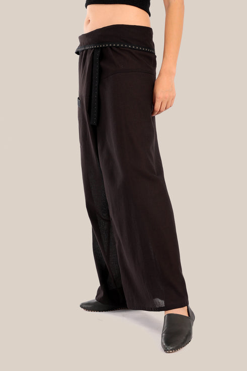 Wide wrap pants with waist fold.