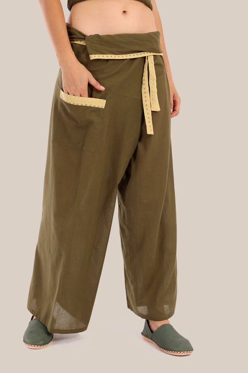Wide wrap pants with waist fold.