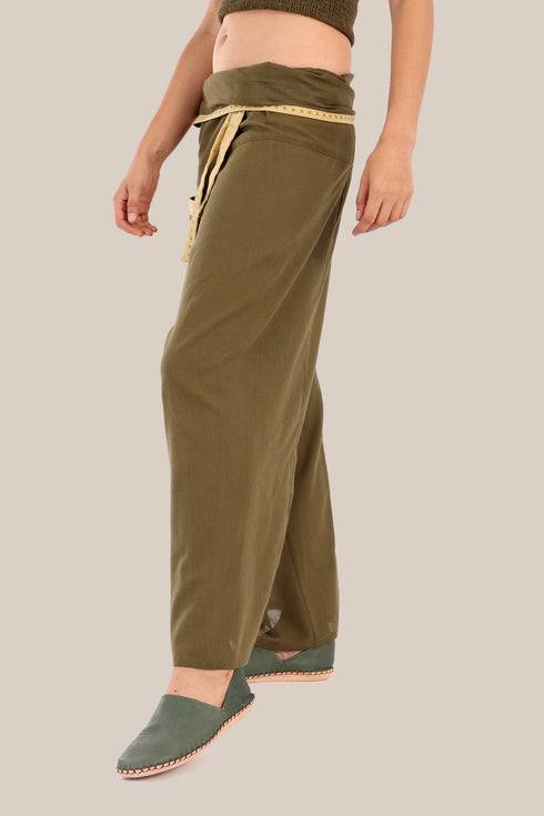 Wide wrap pants with waist fold.