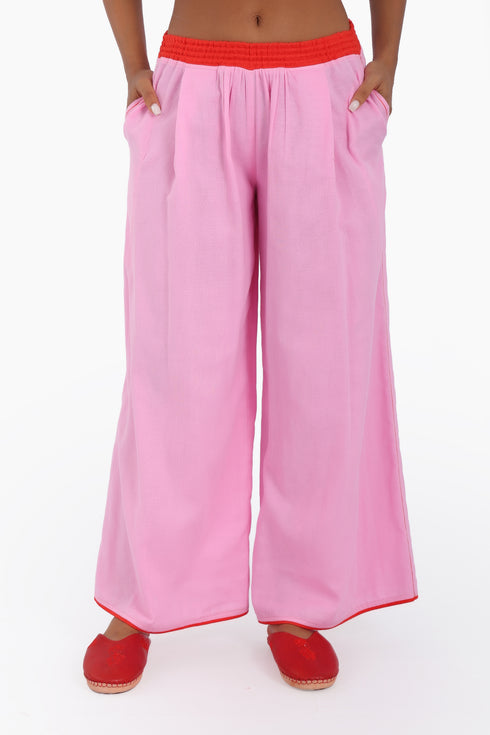 Wide leg pants in cotton gauze with elastic waistline