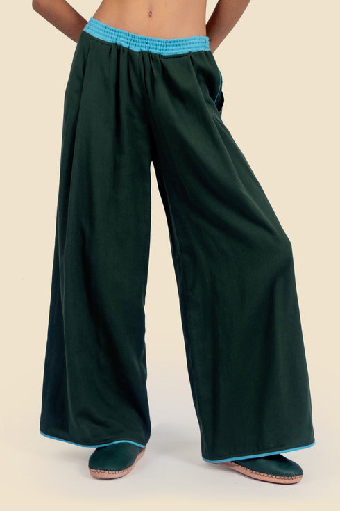 Wide leg pants in cotton gauze with elastic waistline