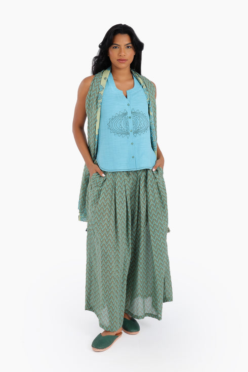 Wide leg pants in printed cotton gauze with pockets