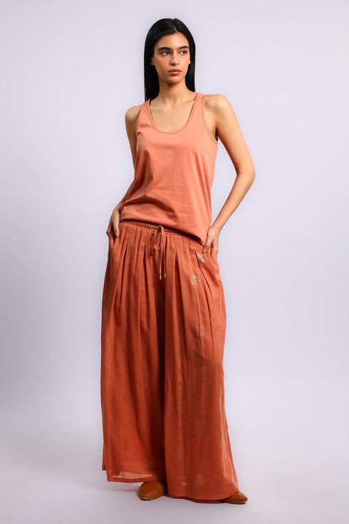 Printed cotton gauze wide leg pants with elastic waistband