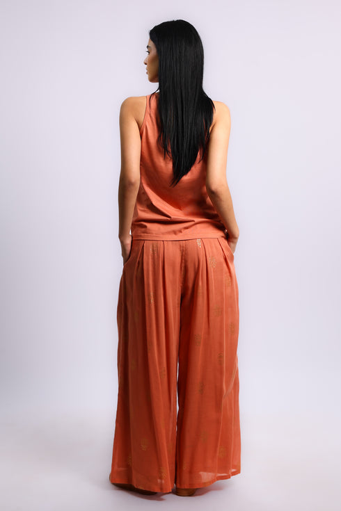 Printed cotton gauze wide leg pants with elastic waistband