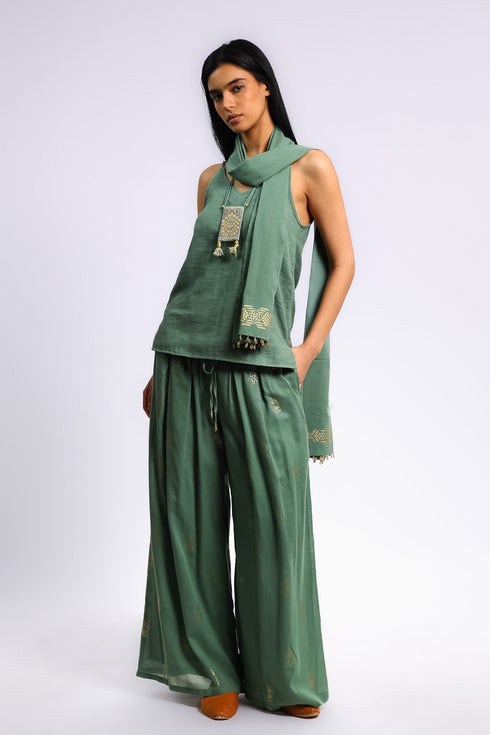 Printed cotton gauze wide leg pants with elastic waistband