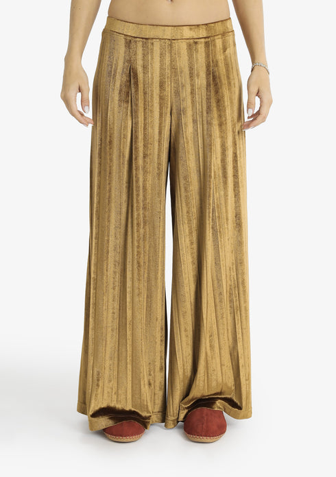 Pleated velvet wide-leg pants with elastic back