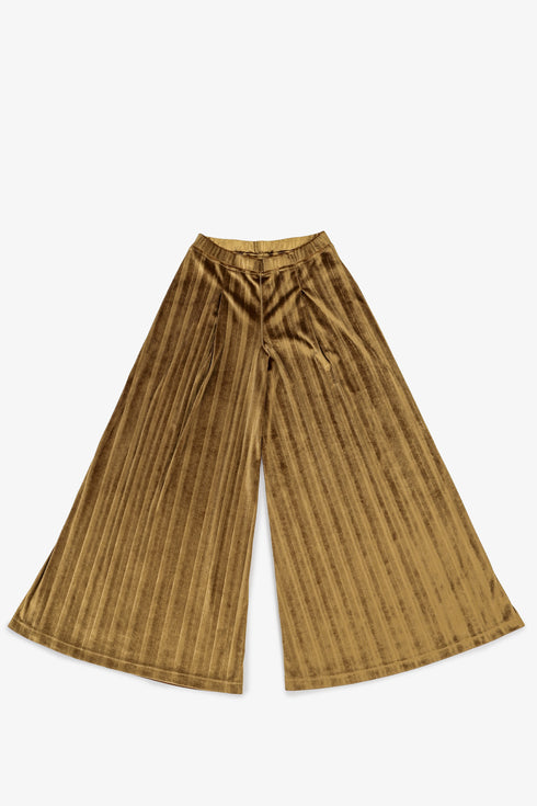 Pleated velvet wide-leg pants with elastic back