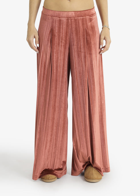Pleated velvet wide-leg pants with elastic back
