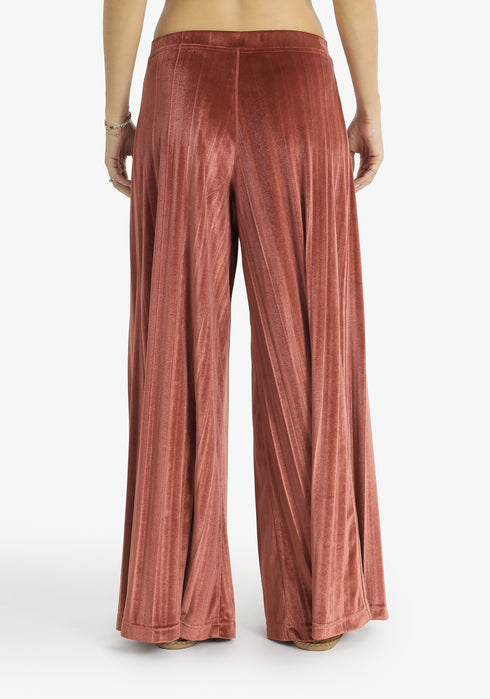Pleated velvet wide-leg pants with elastic back