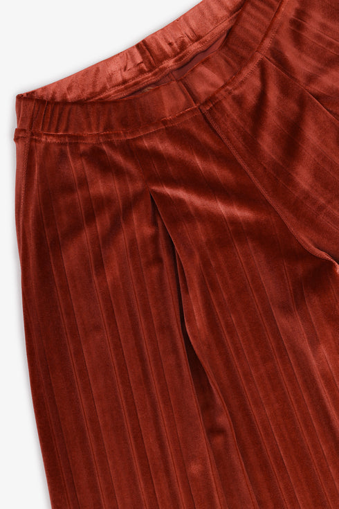 Pleated velvet wide-leg pants with elastic back