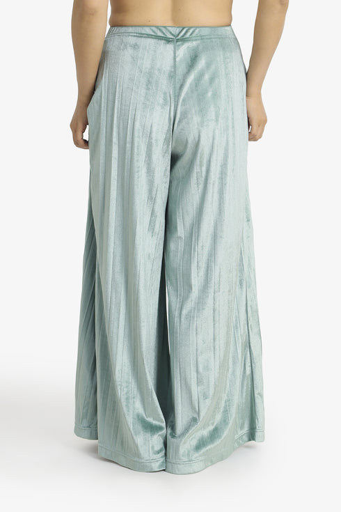 Pleated velvet wide-leg pants with elastic back